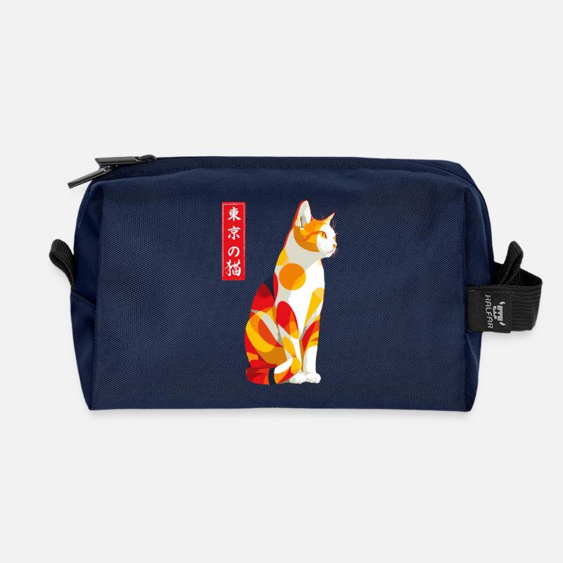 Tokyo Cat  - Recycled Toiletry Zip Bag - navy