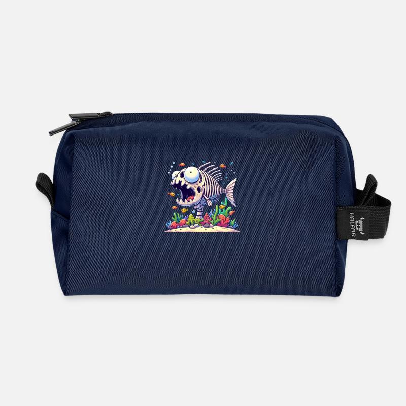 Cartoon Skeleton Fish 2 - Recycled Toiletry Zip Bag - navy