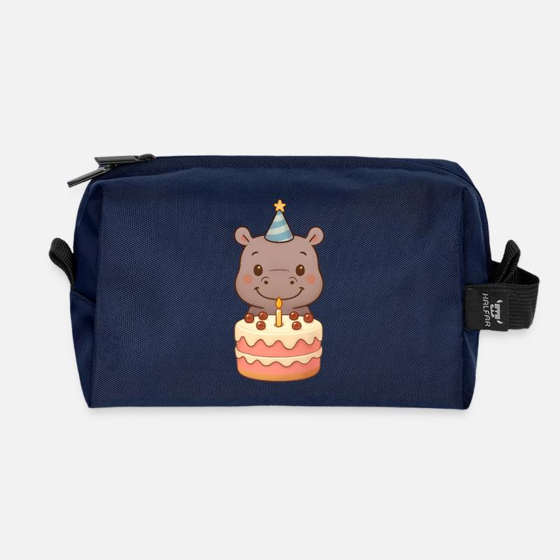 Kleiner Hippo mit Geburtstagstorte - Recycelte Kulturtasche - Navy