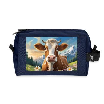 Vache joyeuse dans le panorama alpin - Trousse de toilette en tissu recyclé - marine - Devant