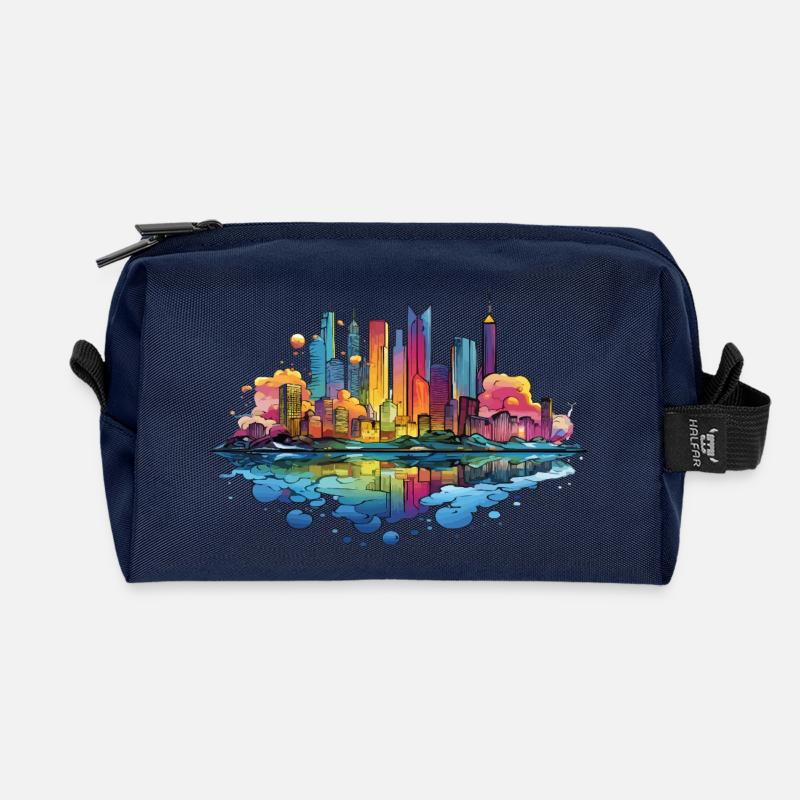 Bunte Skyline Reflektion - Recycelte Kulturtasche - Navy