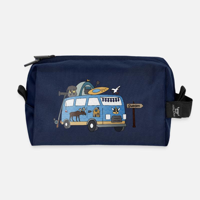 Elch und Camper Abenteuer Schweden - Recycelte Kulturtasche - Navy