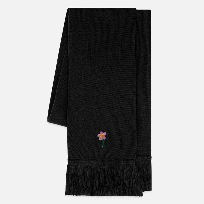 Spring Flower Embroidered - Knitted Scarf - black