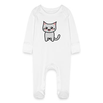 Kitteh Kawaii avec des yeux ronds - Grenouillère bio avec gants Bébé - blanc - Devant