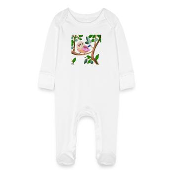 oiseau sur une branche imitation tissu cousu - Grenouillère bio avec gants Bébé - blanc - Devant