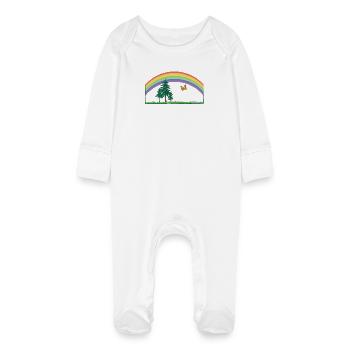Arc-en-ciel arc-en-ciel avec prairie et papillon - Grenouillère bio avec gants Bébé - blanc - Devant