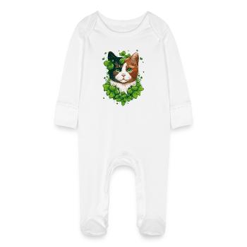 Cat with leaves frame - Baby Organic Sleepsuit with Scratch Mitts - white - Front