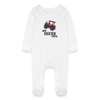 Agricultural Machinery Young Farmer Vehicle Statement Tractor - Baby Organic Sleepsuit with Scratch Mitts - white - Front