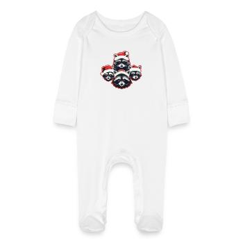 Raccoon Santa Hat Quartet Christmas - Baby Organic Sleepsuit with Scratch Mitts - white - Front