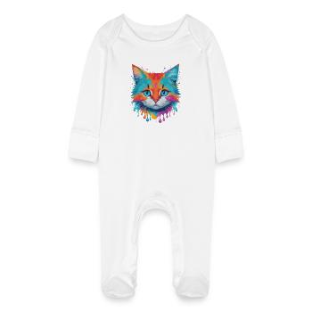 Niedliche Katze - Baby Bio-Schlafanzug mit Kratzhandschuhen - Weiß - Vorne