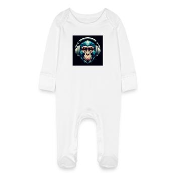 Ein Affe mit Kopfhörer im Polygon-Stil - Baby Bio-Schlafanzug mit Kratzhandschuhen - Weiß - Vorne