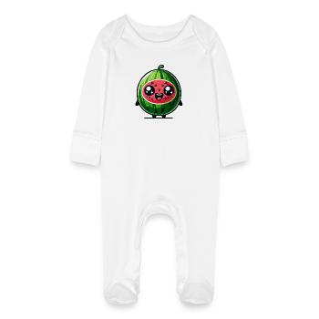 Kawaii Watermelon Cartoon Design - Baby Organic Sleepsuit with Scratch Mitts - white - Front