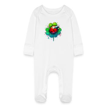 Ladybug on a four-leaf clover - Baby Organic Sleepsuit with Scratch Mitts - white - Front