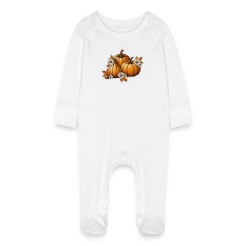 Herbst Kürbisse mit Blumen & Laub in warmen Farben - Baby Bio-Schlafanzug mit Kratzhandschuhen - Weiß - Vorne