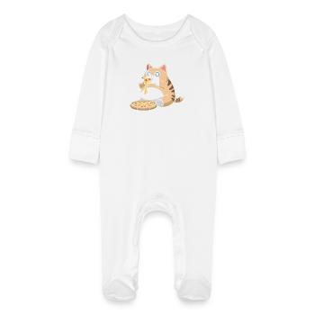 Chat potelé mignon mangeant de la pizza - Grenouillère bio avec gants Bébé - blanc - Devant