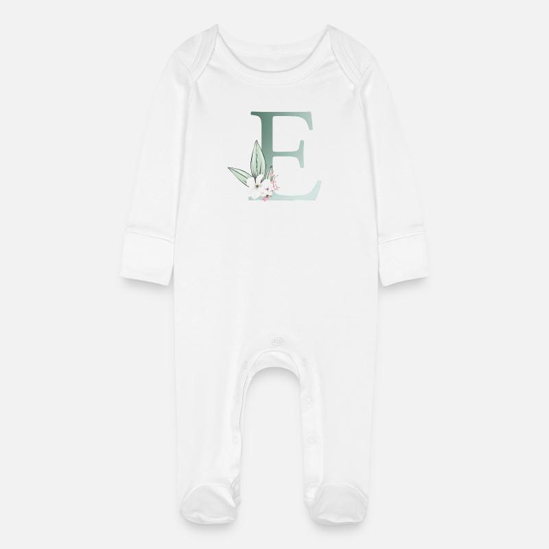 E Monogram, Blomster, Kan tilpasses - Økologisk natdragt til baby med kradsevanter - hvid