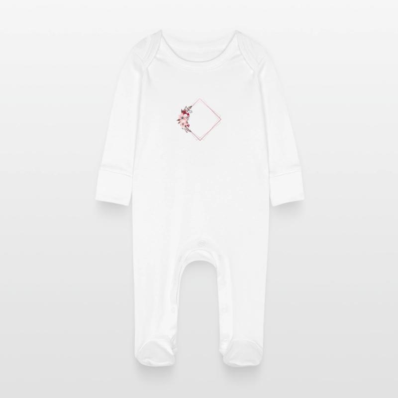 Flowers in Rectangular Frame / Pink Tones Baby Organic Sleepsuit with Scratch Mitts
