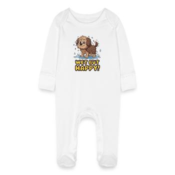 Wet but Happy Cartoon Dog Design - Baby Organic Sleepsuit with Scratch Mitts - white - Front