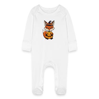 Halloween fox with pumpkin: cartoon illustration - Baby Organic Sleepsuit with Scratch Mitts - white - Front