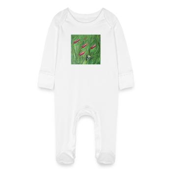 Grenouille verte parmi les pollens roses Oeuvre - Grenouillère bio avec gants Bébé - blanc - Devant