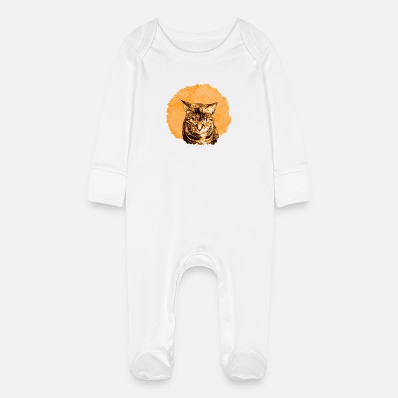 Portrait de chat drôle avec orange chaud - Grenouillère bio avec gants Bébé - blanc
