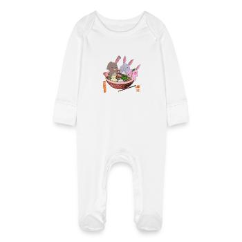 Kawaii Rabbits Eating Ramen - Baby Organic Sleepsuit with Scratch Mitts - white - Front