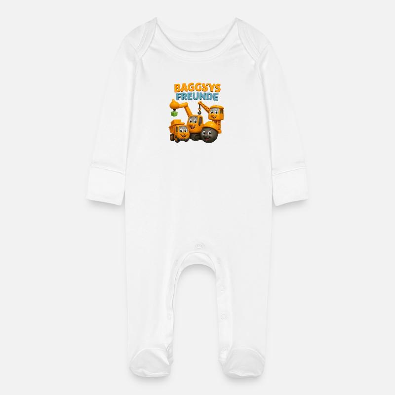 Baggys Construction Equipment Children's Design - Baby Organic Sleepsuit with Scratch Mitts - white