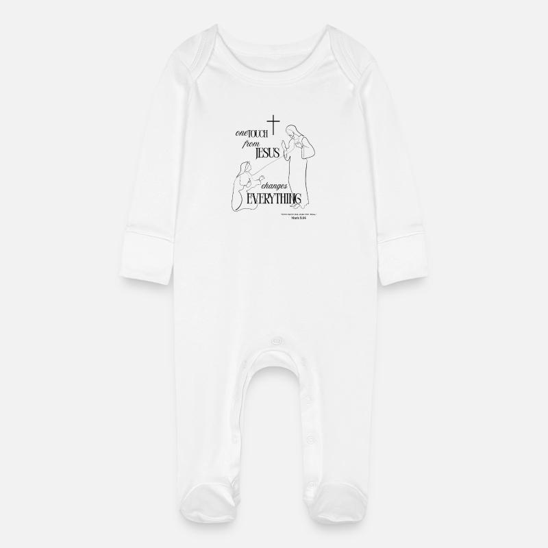 One Touch from Jesus – Black | Mark 5:34 - Baby Organic Sleepsuit with Scratch Mitts - white