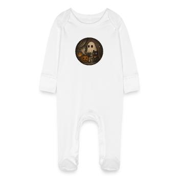 Scénario d’Halloween confortable avec fantôme et citrouille - Grenouillère bio avec gants Bébé - blanc - Devant