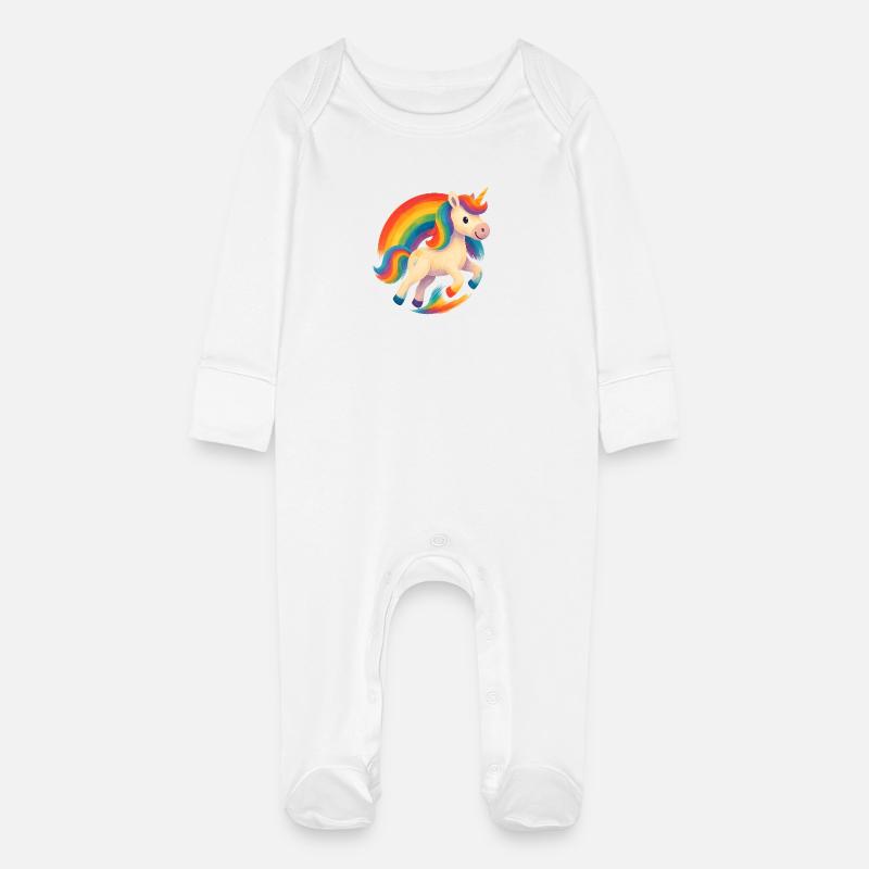 Rainbow Unicorn Dance - Baby Organic Sleepsuit with Scratch Mitts - white