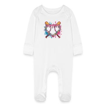 Baseball Homeplate with Pink Frosting and Bat - Baby Organic Sleepsuit with Scratch Mitts - white - Front