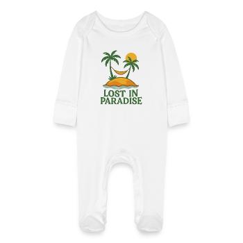 Lost in Paradise – Tropics & Beach - Baby Organic Sleepsuit with Scratch Mitts - white - Front