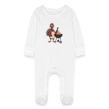 Funny Turkey Grilling Design - Baby Organic Sleepsuit with Scratch Mitts - white - Front