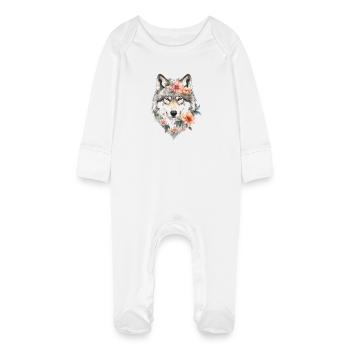 Portrait de loup fleur - Grenouillère bio avec gants Bébé - blanc - Devant
