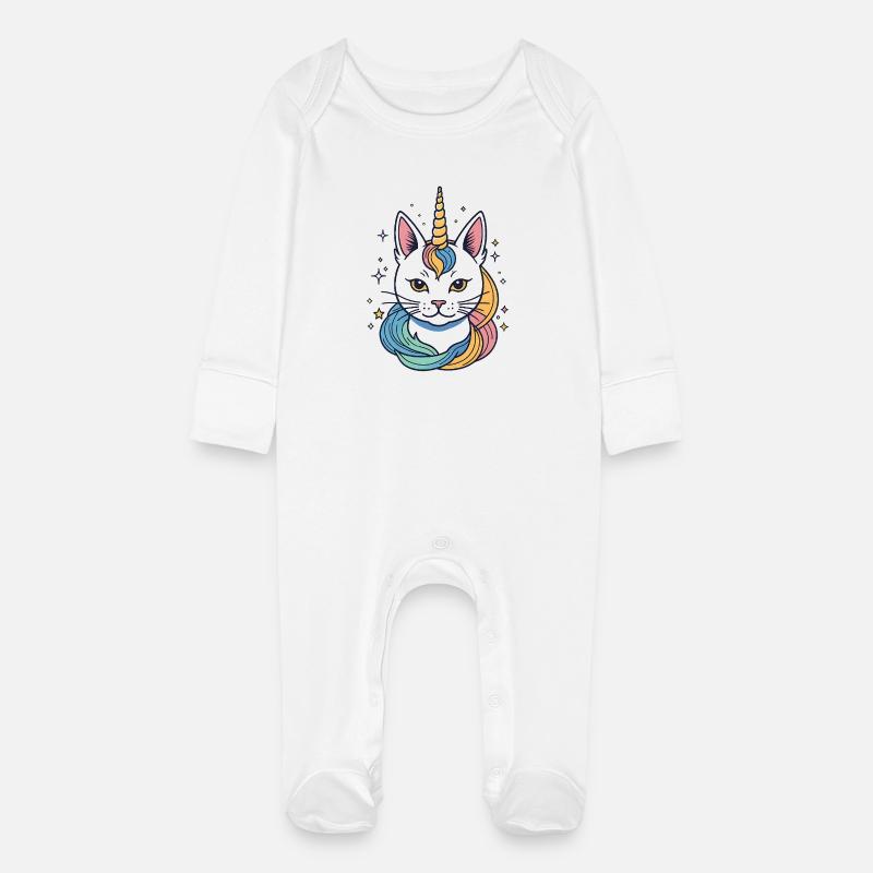 Regenbogen Einhorn Katze - Baby Bio-Schlafanzug mit Kratzhandschuhen - Weiß