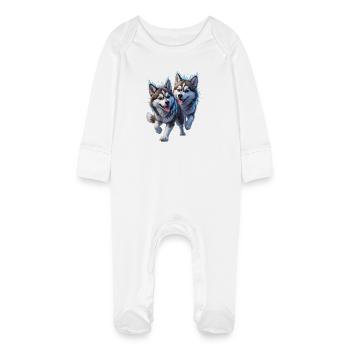 Two huskies with snow and icicles - Baby Organic Sleepsuit with Scratch Mitts - white - Front