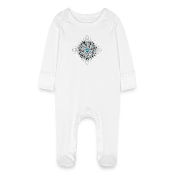 Kunstvolles Ethno-Ornament mit silbernen Federn - Baby Bio-Schlafanzug mit Kratzhandschuhen - Weiß - Vorne