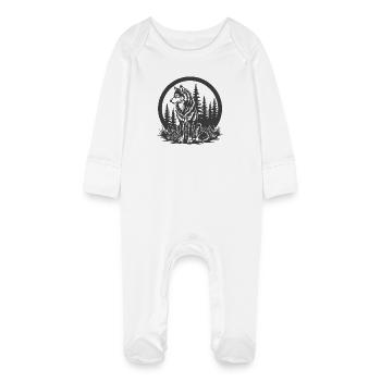 Loup dans les bois dans un cadre circulaire - Grenouillère bio avec gants Bébé - blanc - Devant