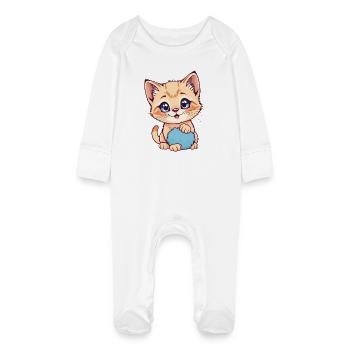 Chaton avec une boule bleue et duveteuse - Grenouillère bio avec gants Bébé - blanc - Devant