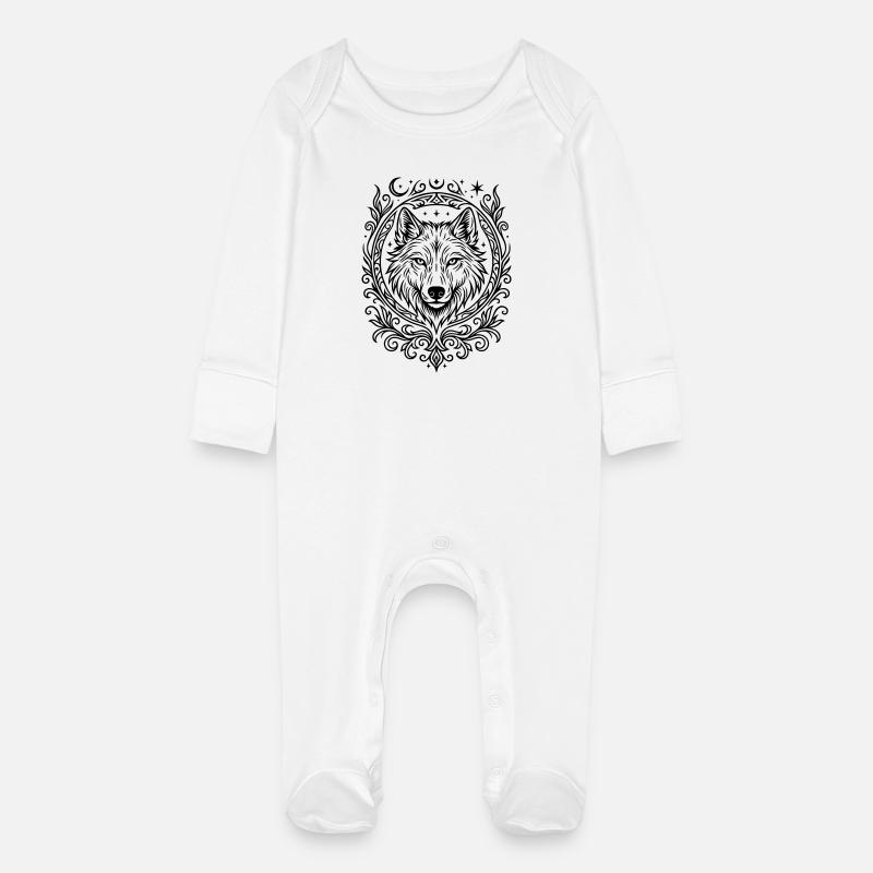 Wolf's Head - Baby Organic Sleepsuit with Scratch Mitts - white
