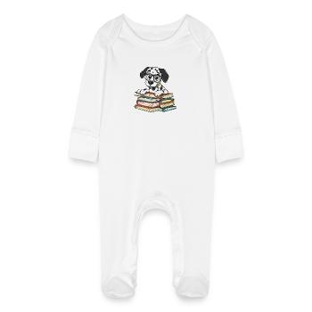 Cute Dalmatian Dog Reading Book with Glasses - Baby Organic Sleepsuit with Scratch Mitts - white - Front