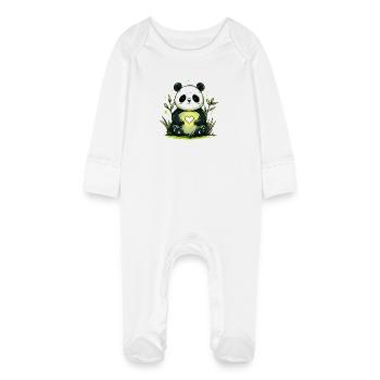 Panda with heart in the countryside - Baby Organic Sleepsuit with Scratch Mitts - white - Front
