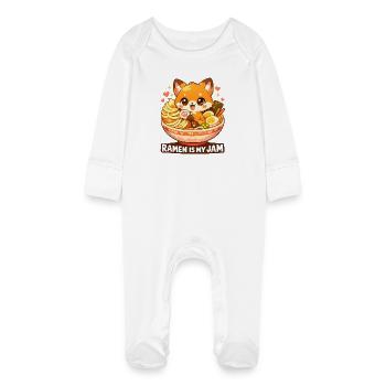 Kawaii Ramen Cat - Baby Organic Sleepsuit with Scratch Mitts - white - Front