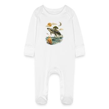 Scène surréaliste de baleines – Paysage onirique vintage - Grenouillère bio avec gants Bébé - blanc - Devant