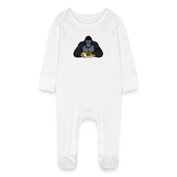Cooler Gorilla mit Gemüseplatte Affe Motiv - Baby Bio-Schlafanzug mit Kratzhandschuhen - Weiß - Vorne