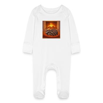 Cozy Raccoon by Fireplace - Baby Organic Sleepsuit with Scratch Mitts - white - Front