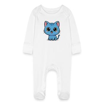 Chat bleu mignon - Dessin animé de chaton Kawaii - Grenouillère bio avec gants Bébé - blanc - Devant