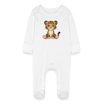 Leopardenkätzchen Cartoon Print - Baby Bio-Schlafanzug mit Kratzhandschuhen - Weiß - Vorne