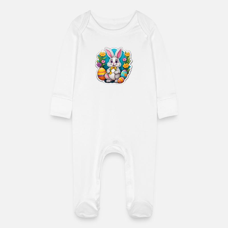 Lapin Pâques Pastel et Œufs Fleuris - Grenouillère bio avec gants Bébé - blanc