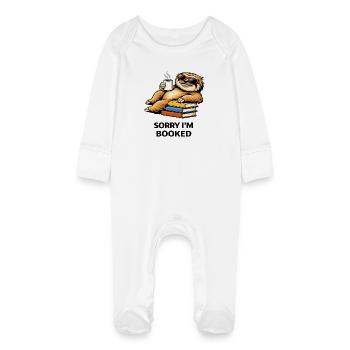 Cozy Sloth Reading Stack - Baby Organic Sleepsuit with Scratch Mitts - white - Front